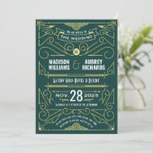 Invitation Art Déco Mariage Great Gatsby Elegant Gold Green (Debout devant)