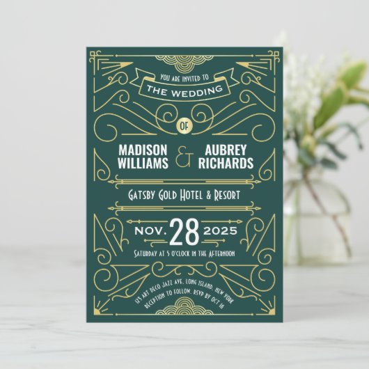 Invitation Art Déco Mariage Great Gatsby Elegant Gold Green (Debout devant)