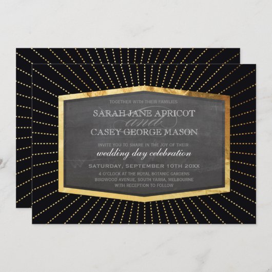 Invitation ART DÉCO MARIAGE INVITER or sunburst tableau noir (Devant / Derrière)