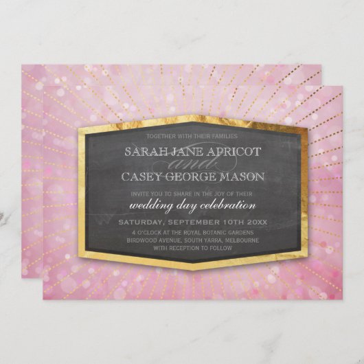 Invitation ART DECO MARIAGE or sunburst gris bokeh rose (Devant / Derrière)