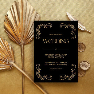 Invitation Art Déco Moderne Mariage Élégant Noir et Or