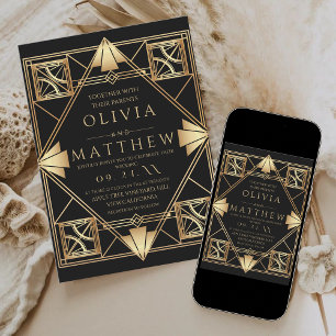 Invitation Art Déco moderne Mariage géométrique noir et or