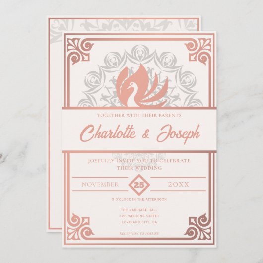 Invitation Art déco moderne Swan Blush Rose rose Mariage (Devant / Derrière)