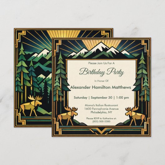 Invitation Art Deco Mountain Forest Birthday Party (Devant / Derrière)