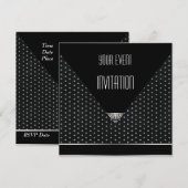 Invitation Art Déco Noir Argent Blanc Taches (Devant / Derrière)