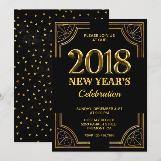 Invitation Art déco noir d'or partie de 2018 réveillons de la (Devant / Derrière)
