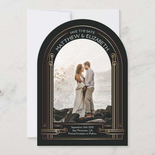 Invitation Art Déco Noir et Bronze Arch Save the Date (Devant)