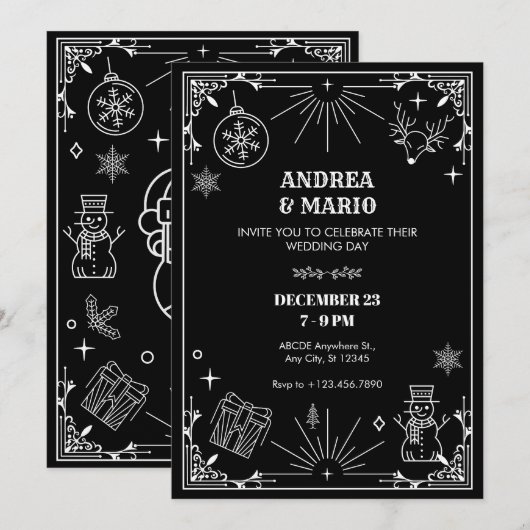 Invitation Art déco noir Noël ornement d'hiver mariage (Devant / Derrière)