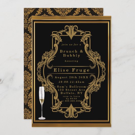 Invitation Art Deco Noir Or Royal Brunch & Bubbly (Devant / Derrière)