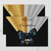 Invitation Art Déco Noir Ruban Doré (Devant / Derrière)