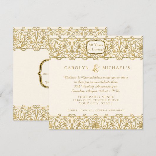 Invitation Art Déco Nouveau 50e anniversaire doré crème (Devant / Derrière)