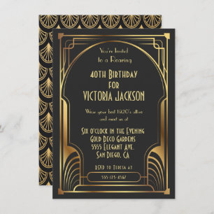 Invitation Art Déco Nouveau Fête d'anniversaire Gold & Black