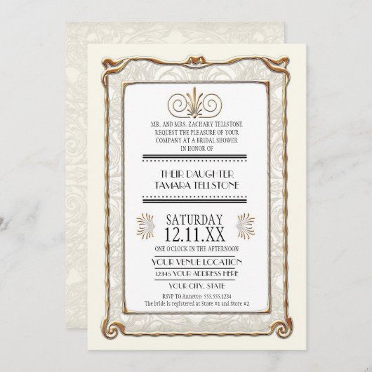 Invitation Art Déco Nouveau Gatsby Style Or en dentelle Look (Devant / Derrière)