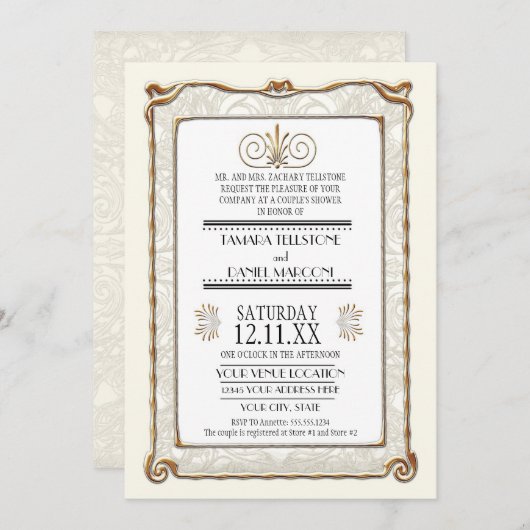 Invitation Art Déco Nouveau Gatsby Style Or en dentelle Look (Devant / Derrière)