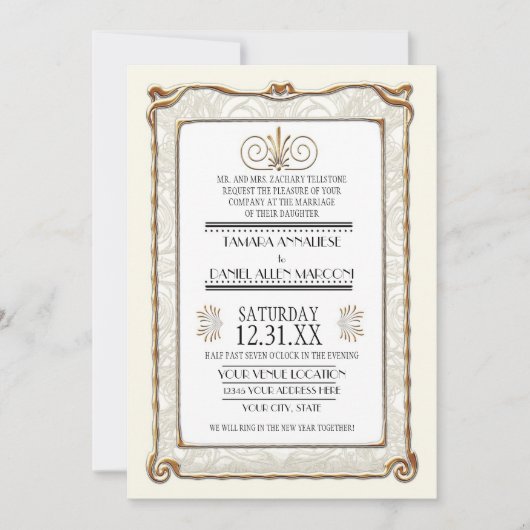 Invitation Art Déco Nouveau Gatsby Style Or en dentelle Look (Devant)