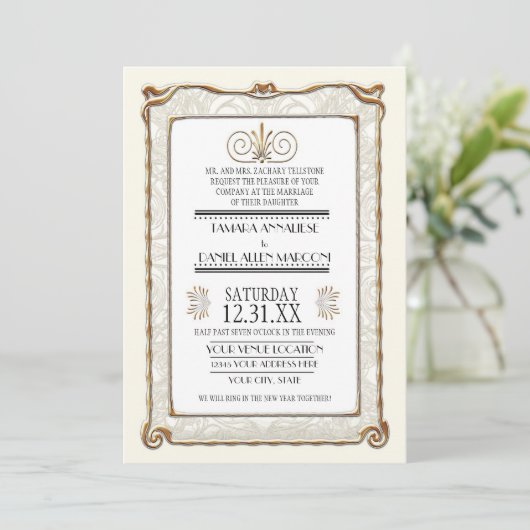 Invitation Art Déco Nouveau Gatsby Style Or en dentelle Look (Debout devant)
