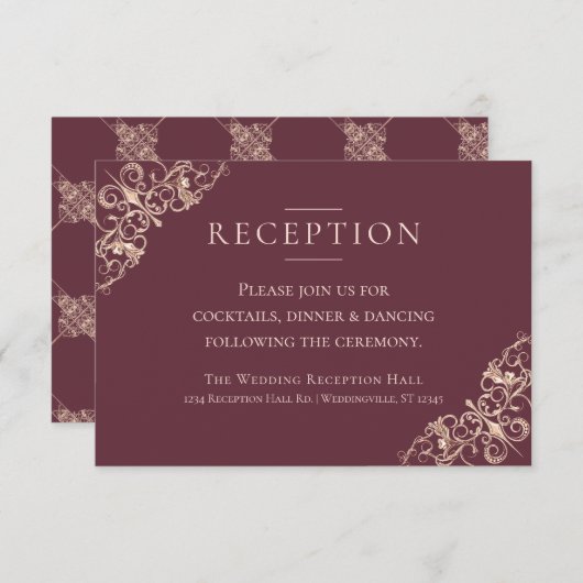 Invitation Art déco Nouveau | Réception or Rose Bourgogne (Devant / Derrière)