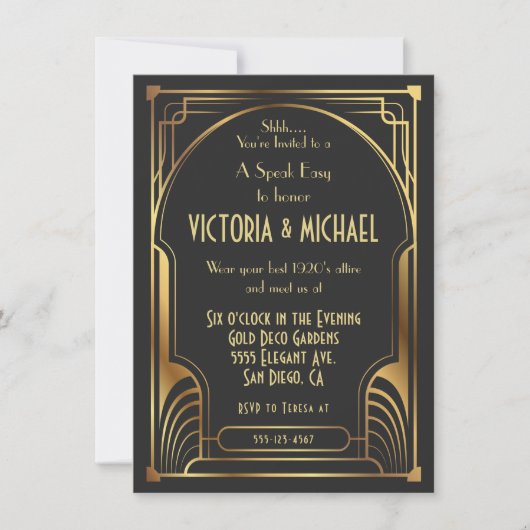 Invitation Art Déco Nouveau Speak Easy Party Gold & Black (Devant)