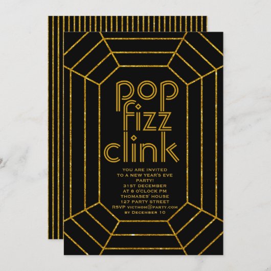 Invitation Art Déco or noir clic pop fiz Nouvel An (Devant / Derrière)