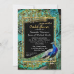 Invitation Art Déco Peacock Glam Old Hollywood Fête des marié<br><div class="desc">Invitation Fête des mariées correspondant. Parties scintillant dorée très glamour, cadre Art Déco avec plumes de paon collé et paons. Un merveilleux mélange de style ancien et de design graphique moderne audacieux et coloré. IMPORTANT : Il s'agit d'une image imprimée à plat, il n'y a pas d'éléments de parties scintillant métallique...</div>