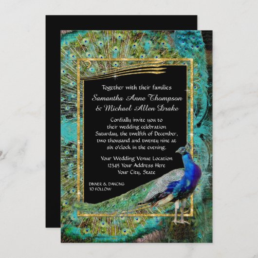 Invitation Art Déco Peacock Glam Old Hollywood Regency (Devant / Derrière)