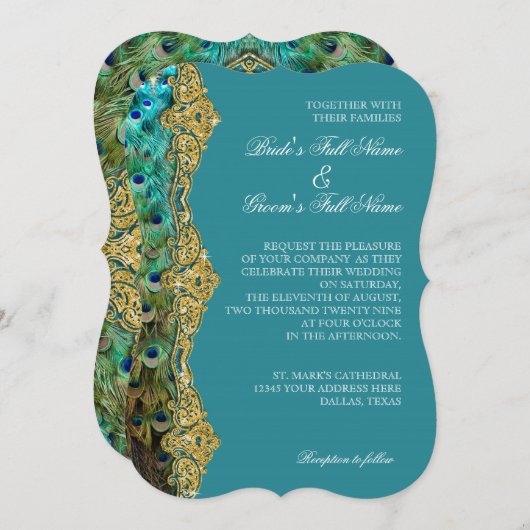 Invitation Art Déco Peacock Gold Parties scintillant Old Holl (Devant / Derrière)