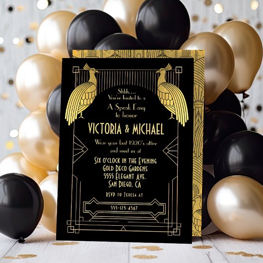 Invitation Art Déco Peacock Speer Easy Party Gold & Black