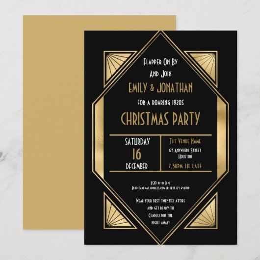 Invitation Art Déco Roaring 1920 Gold Black Christmas Party (Devant / Derrière)