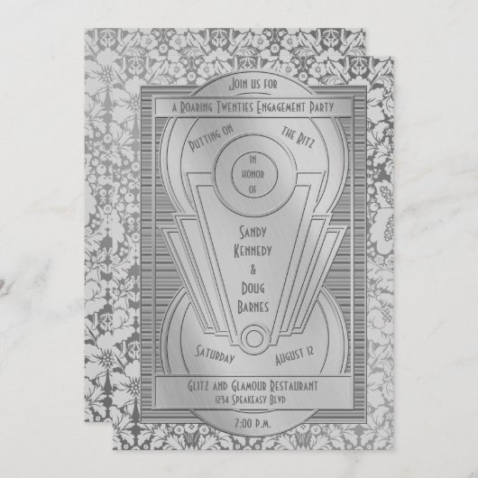Invitation Art déco Roaring des années 2000 Silver Engagement (Devant / Derrière)