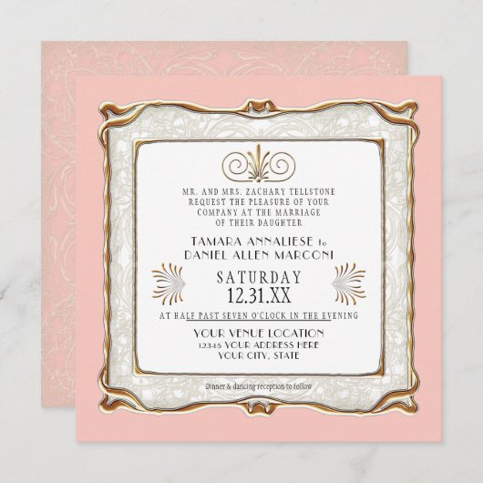 Invitation Art Déco Rose Or Nouveau Gatsby Mariage élégant (Devant / Derrière)