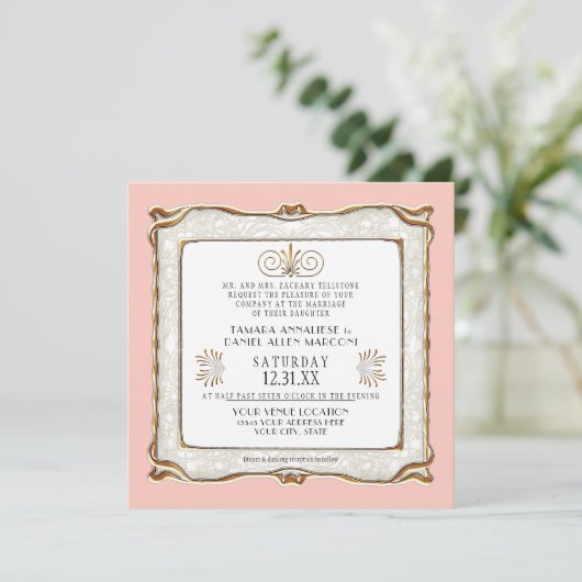 Invitation Art Déco Rose Or Nouveau Gatsby Mariage élégant (Debout devant)