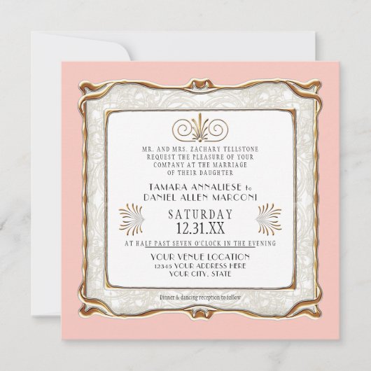 Invitation Art Déco Rose Or Nouveau Gatsby Mariage élégant (Devant)