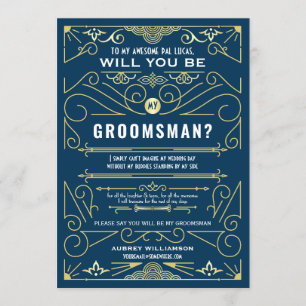 Invitation Art Déco Seras-Tu Mon Garçon D'Honneur Or Bleu