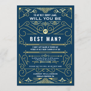 Invitation Art Déco Seras-Tu Mon Témoin Or Bleu Mariage