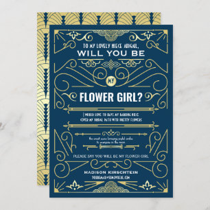 Invitation Art Déco Serez-Vous Ma Fille Fleur Gold Dark Blue
