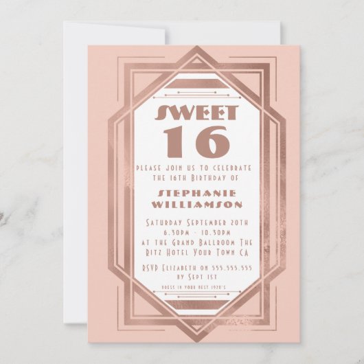 Invitation Art Déco Sweet 16 Rose Gold et Blush Pink Gatsby (Devant)