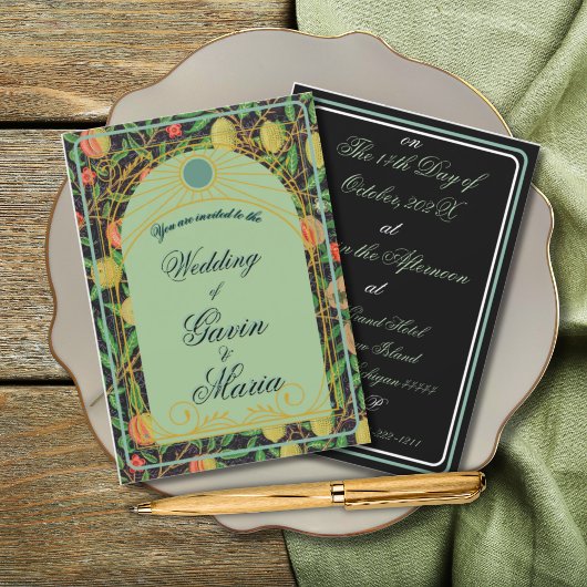 Invitation Art Déco William Morris Fruit Floral au ton or