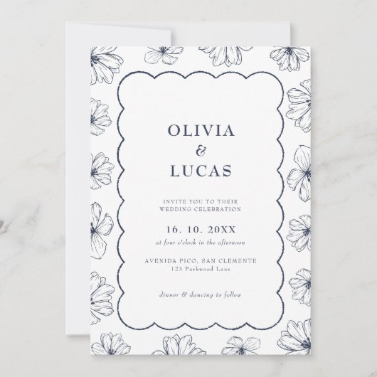 Invitation Art Floral moderne Vague Cadre bleu Mariage (Devant)