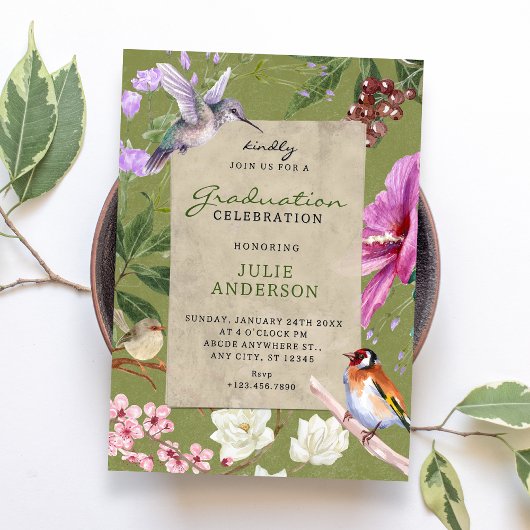 Invitation Art floral oiseau rustique vert diplôme