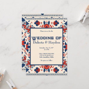 Invitation Art folklorique floral rouge, blanc et bleu
