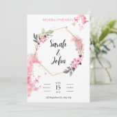Invitation Art géométrique hexagonal doré à fleurs roses (Debout devant)