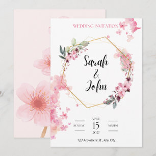 Invitation Art géométrique hexagonal doré à fleurs roses