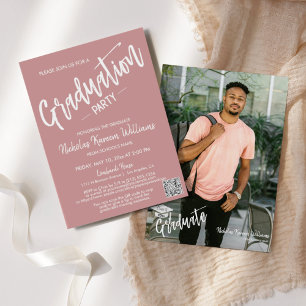 Invitation Art moderne Dusty rose QR Code Photo Graduation Pa