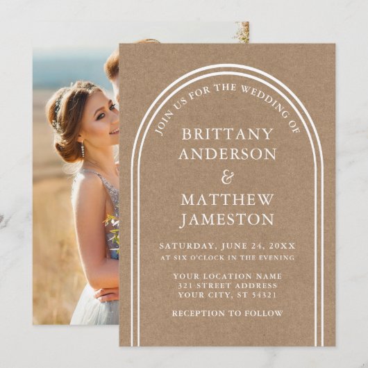 Invitation Art moderne élégant Mariage photo Kraft (Devant / Derrière)