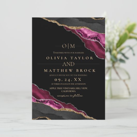 Invitation Art moderne Maron Black Gold Agate Mariage (Debout devant)