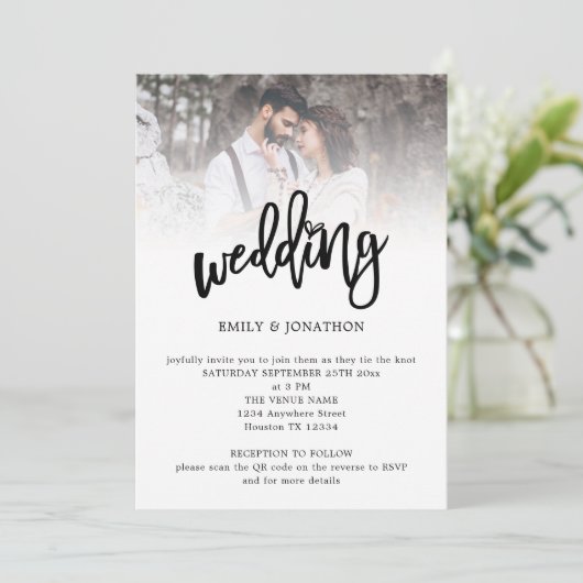 Invitation Art moderne Script Photo QR Code Mariage (Debout devant)