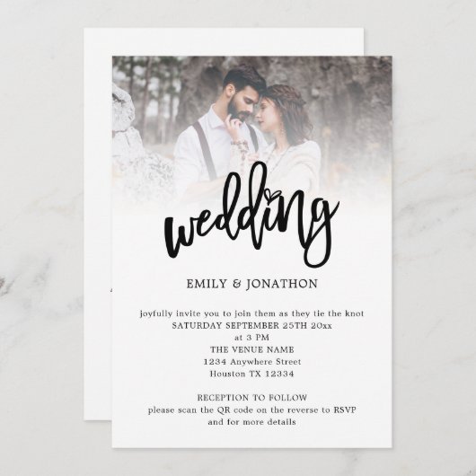 Invitation Art moderne Script Photo QR Code Mariage (Devant / Derrière)