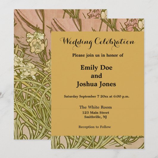 Invitation Art Nouveau Alfonse Mucha fleurs d'oeillets floral (Devant / Derrière)