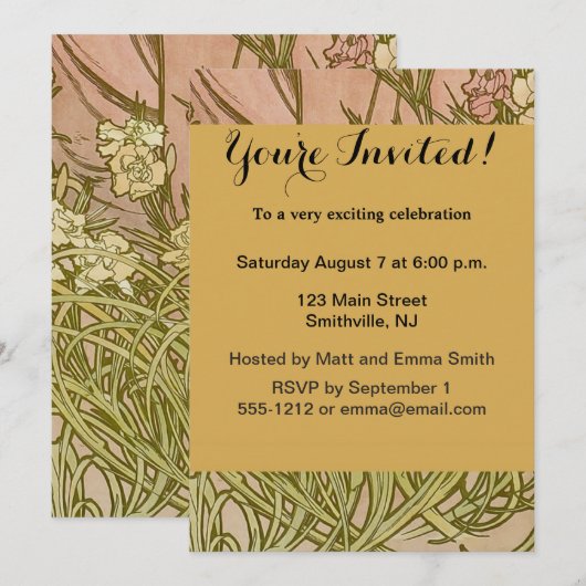 Invitation Art Nouveau Alphonse Mucha Fleurs de carnation flo (Devant / Derrière)