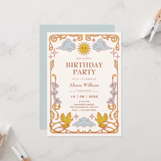 Invitation Art nouveau Anniversaire céleste (Devant/Arrière en situation)